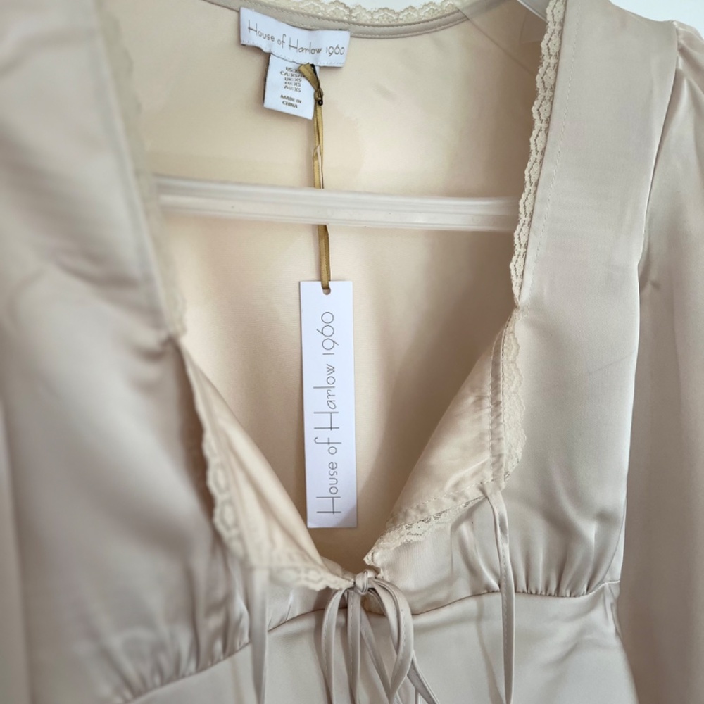 REVOLVE Ton Blouse Tie Front Long Sleeve Lace Trim Satin - Picture 5 of 9